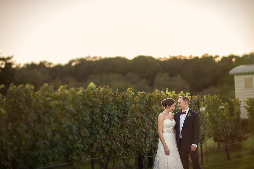 Bride & Groom standing together with vines behind them at golden hour