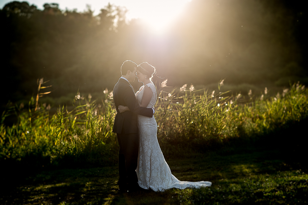 Bride and Groom hugging in front of tall sea grasses with sun flare behind